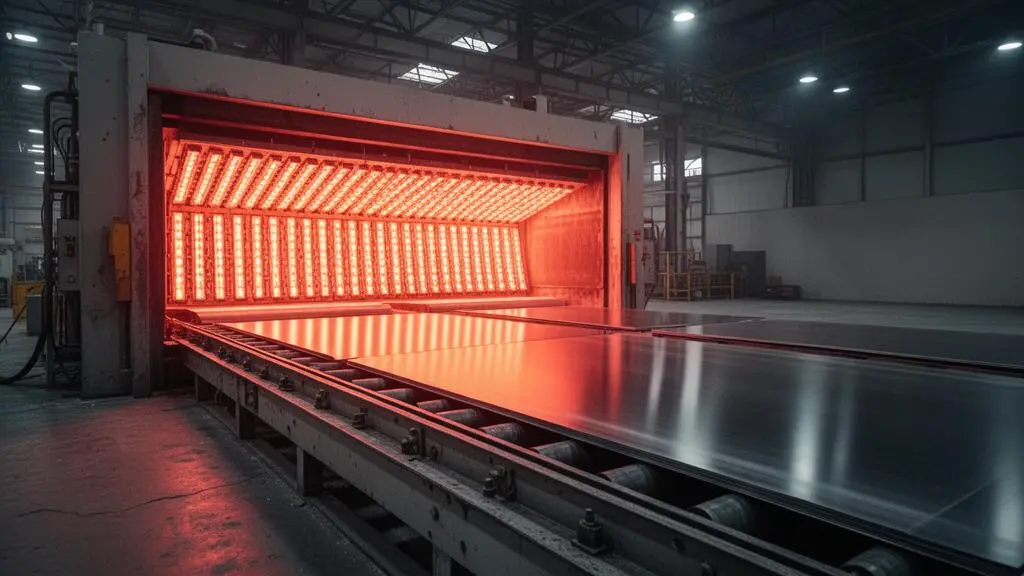 Vue large d'un tunnel de chauffage infrarouge industriel diffusant une chaleur rouge homogène sur une ligne de production métallique
