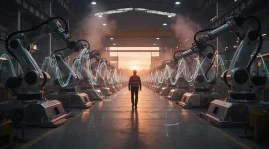 Vue d'ensemble d'une ligne de production industrielle connectée avec des flux de données lumineux reliant les machines entre elles