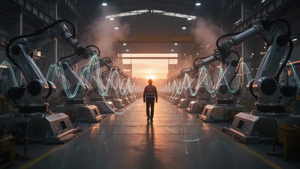 Vue d'ensemble d'une ligne de production industrielle connectée avec des flux de données lumineux reliant les machines entre elles