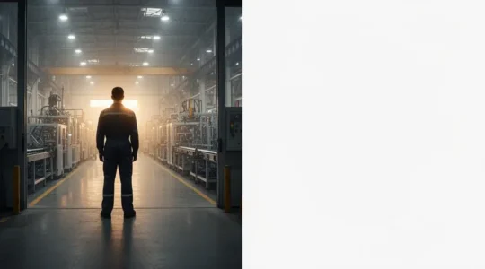 Dirigeant industriel observant une ligne de production moderne et lumineuse, symbole de l'anticipation stratégique pour 2030