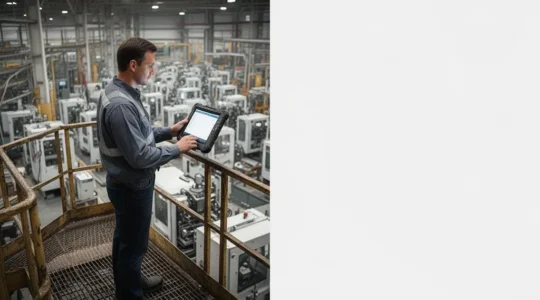 Responsable de production observant des indicateurs de fabrication en temps réel depuis une passerelle d'atelier
