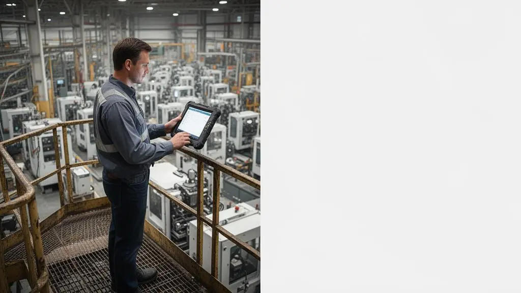 Responsable de production observant des indicateurs de fabrication en temps réel depuis une passerelle d'atelier