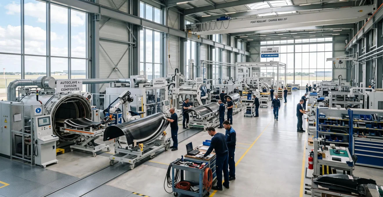 Vue large d'un atelier de production aéronautique moderne avec équipements de thermoformage et ligne de fabrication composites