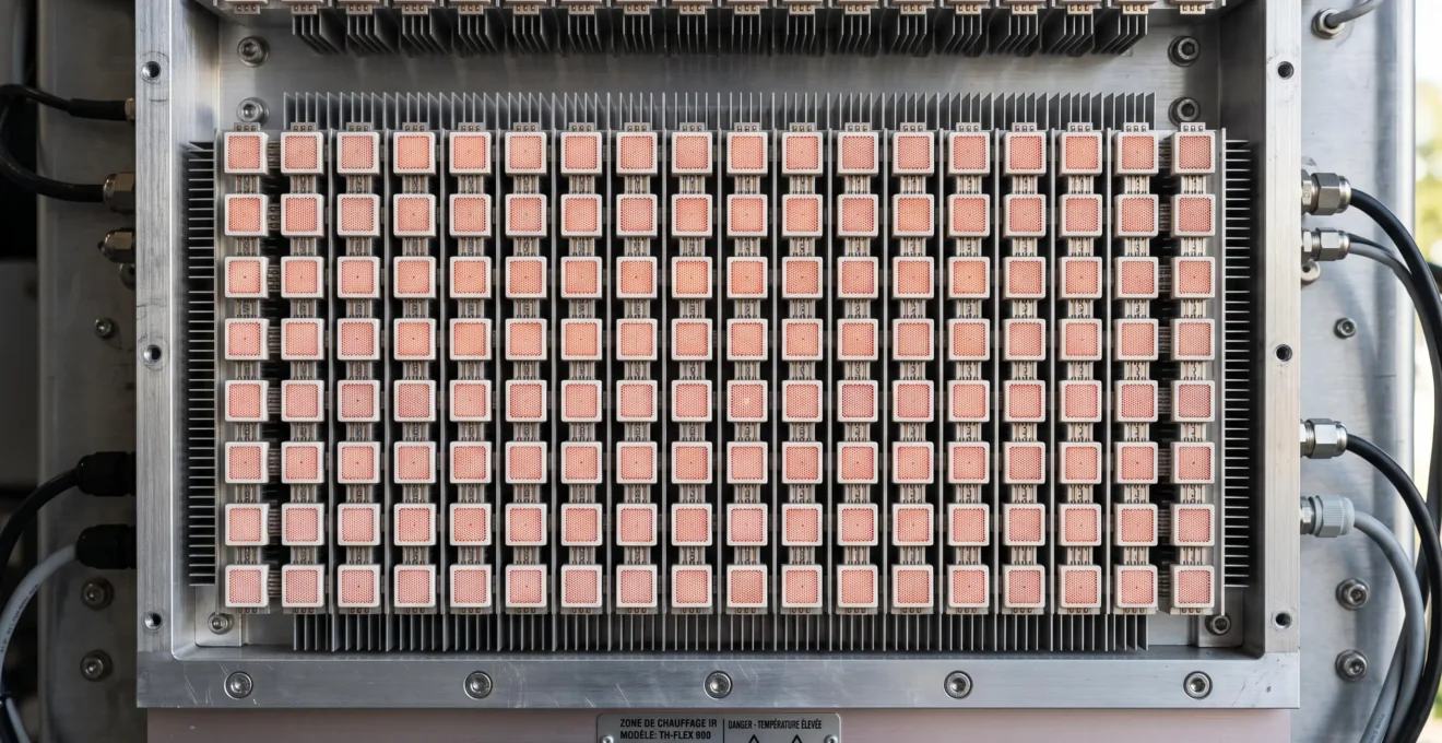 Gros plan sur un panneau d'émetteurs infrarouges pixelisés haute densité avec dissipateurs thermiques visibles