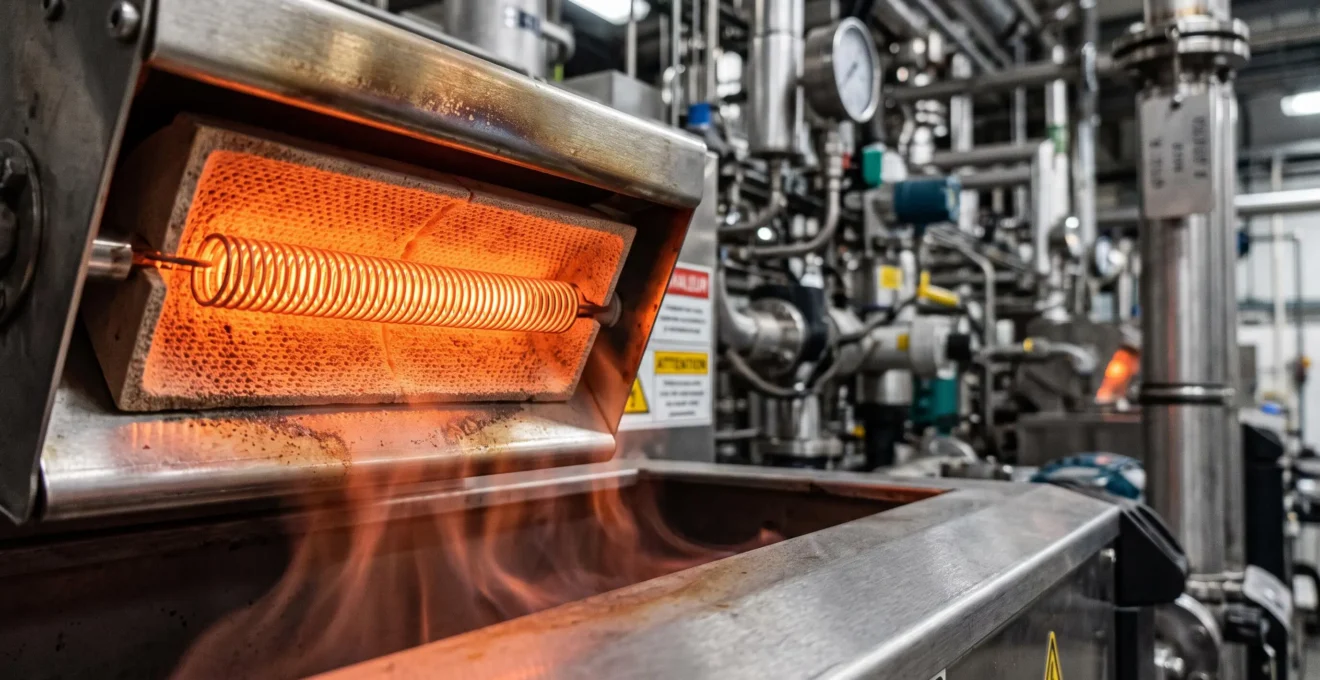 Gros plan sur des radiants infrarouges en fonctionnement avec incandescence visible et détails techniques nets