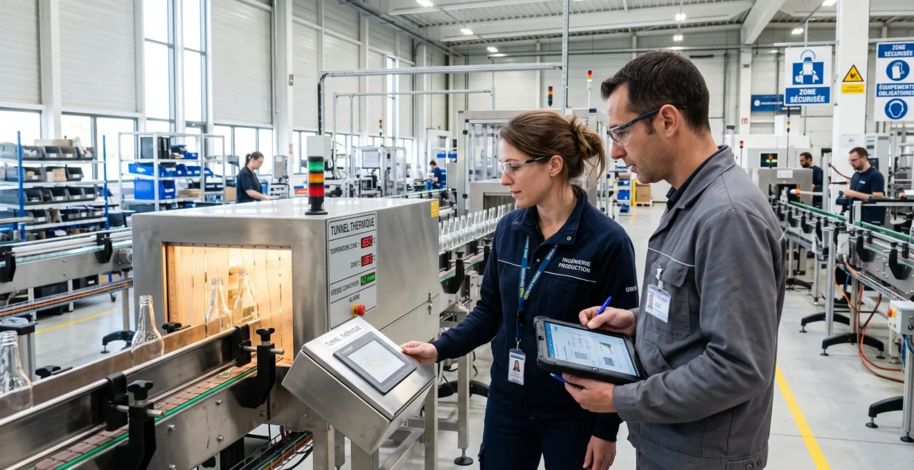 Deux ingénieurs discutent devant une ligne de production industrielle moderne équipée d'un système de traitement thermique