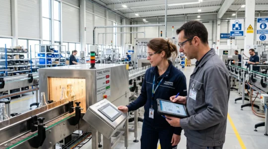 Deux ingénieurs discutent devant une ligne de production industrielle moderne équipée d'un système de traitement thermique