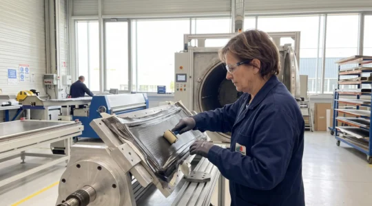 Technicien aéronautique de profil manipulant une pièce composite près d'un équipement de chauffage industriel dans un atelier moderne