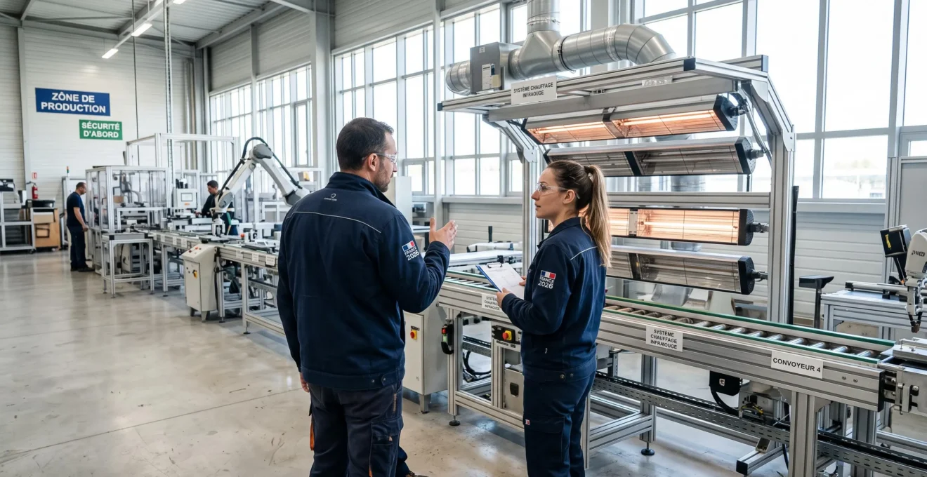 Deux techniciens en discussion près d'une ligne de production moderne équipée d'un système de chauffage infrarouge dans un atelier lumineux