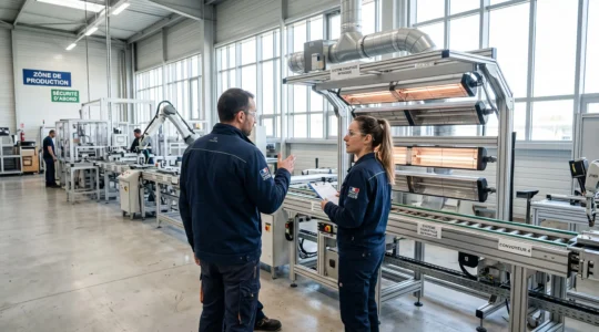 Deux techniciens en discussion près d'une ligne de production moderne équipée d'un système de chauffage infrarouge dans un atelier lumineux