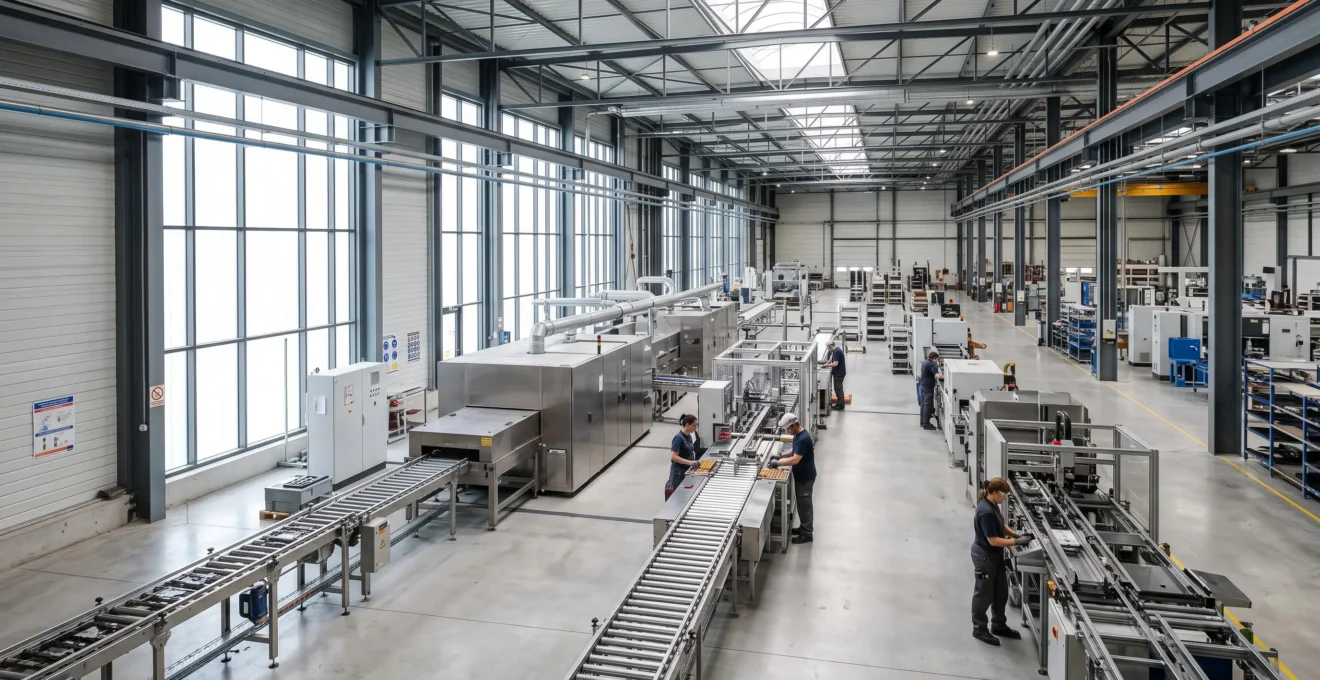Vue d'ensemble d'un atelier de production moderne et lumineux avec ligne de traitement thermique intégrée