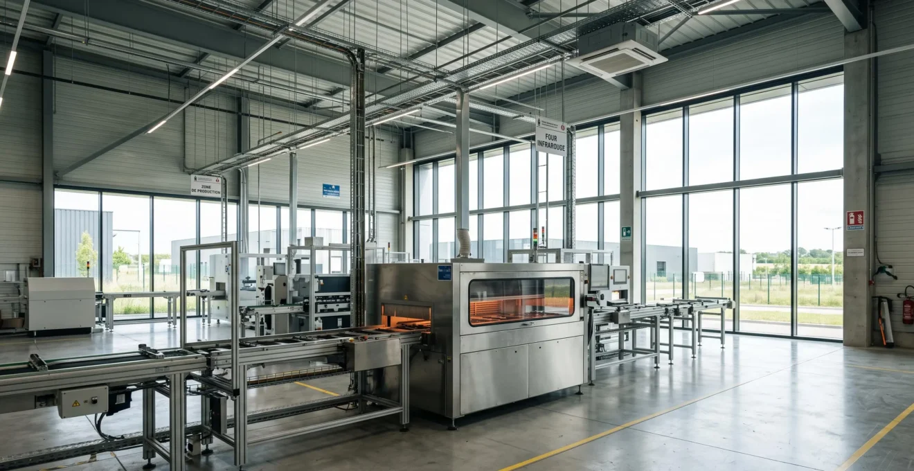 Vue large d'un atelier de production moderne avec une ligne équipée d'un four infrarouge, architecture industrielle contemporaine et lumière naturelle abondante